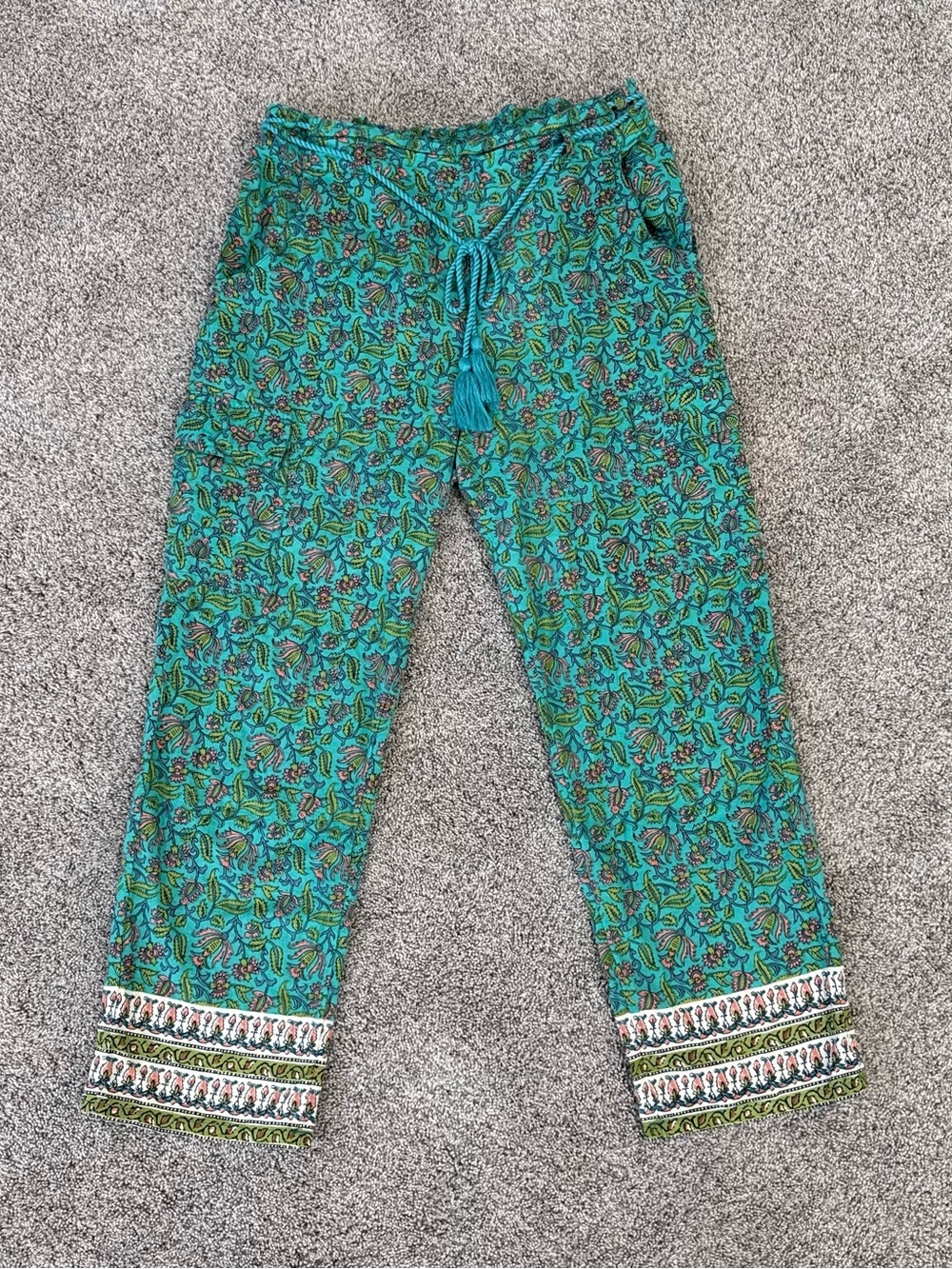Sundance Teal Paisley Print Elastic Belted Waist Cargo Light Pant Boho Women’s S